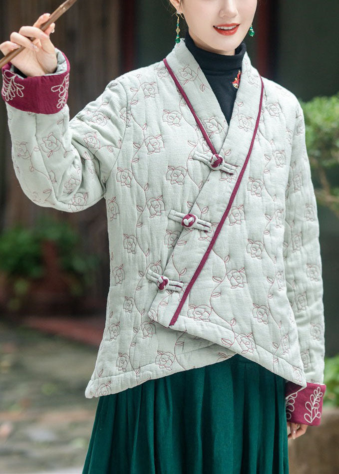 Art Light Green Embroidered Oriental Button Fine Cotton Filled Coats Winter