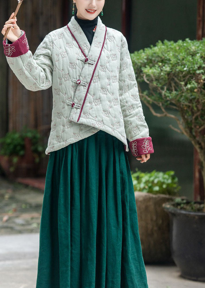 Art Light Green Embroidered Oriental Button Fine Cotton Filled Coats Winter