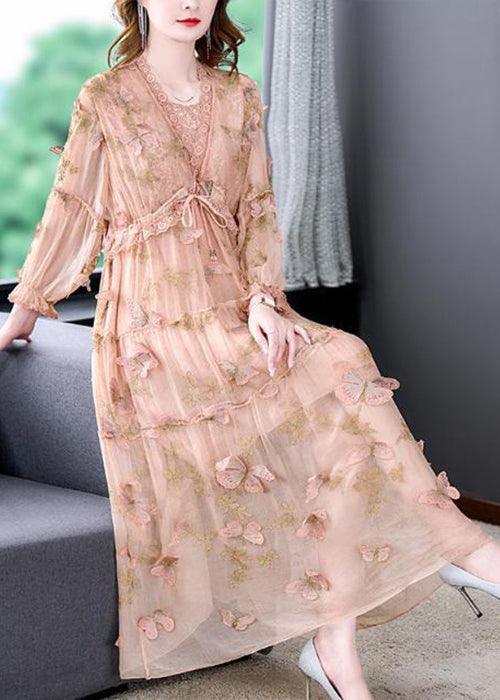 Art Pink Butterfly Lace Up Lace Patchwork Silk Long Dresses