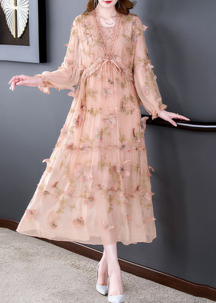 Art Pink Butterfly Lace Up Lace Patchwork Silk Long Dresses