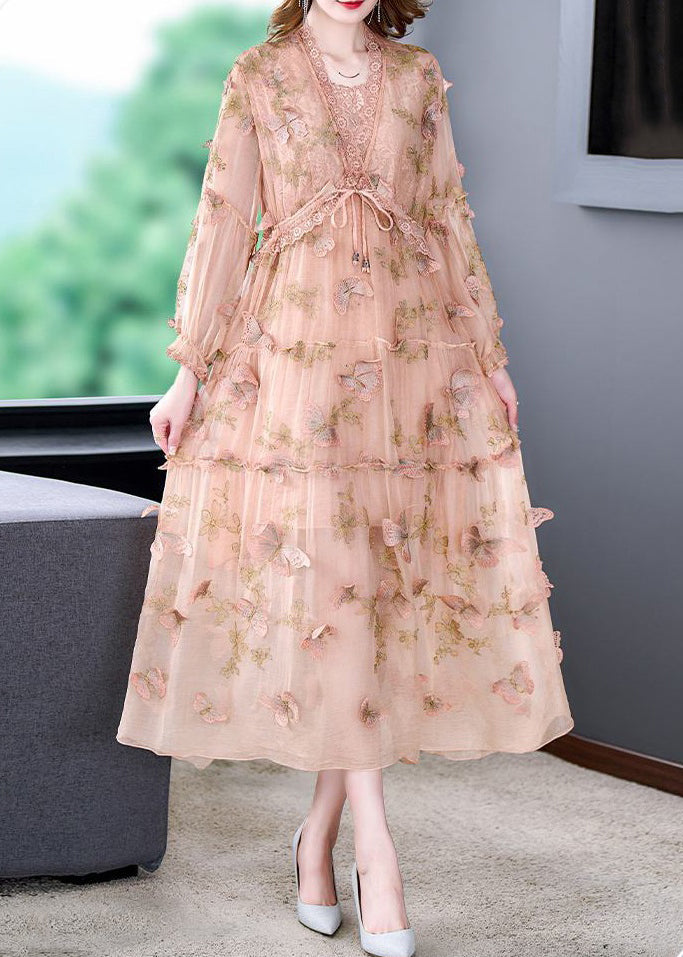 Art Pink Butterfly Lace Up Lace Patchwork Silk Long Dresses