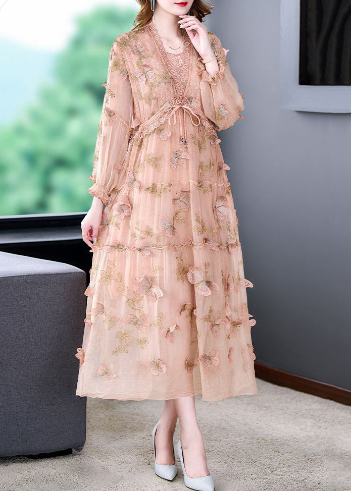 Art Pink Butterfly Lace Up Lace Patchwork Silk Long Dresses