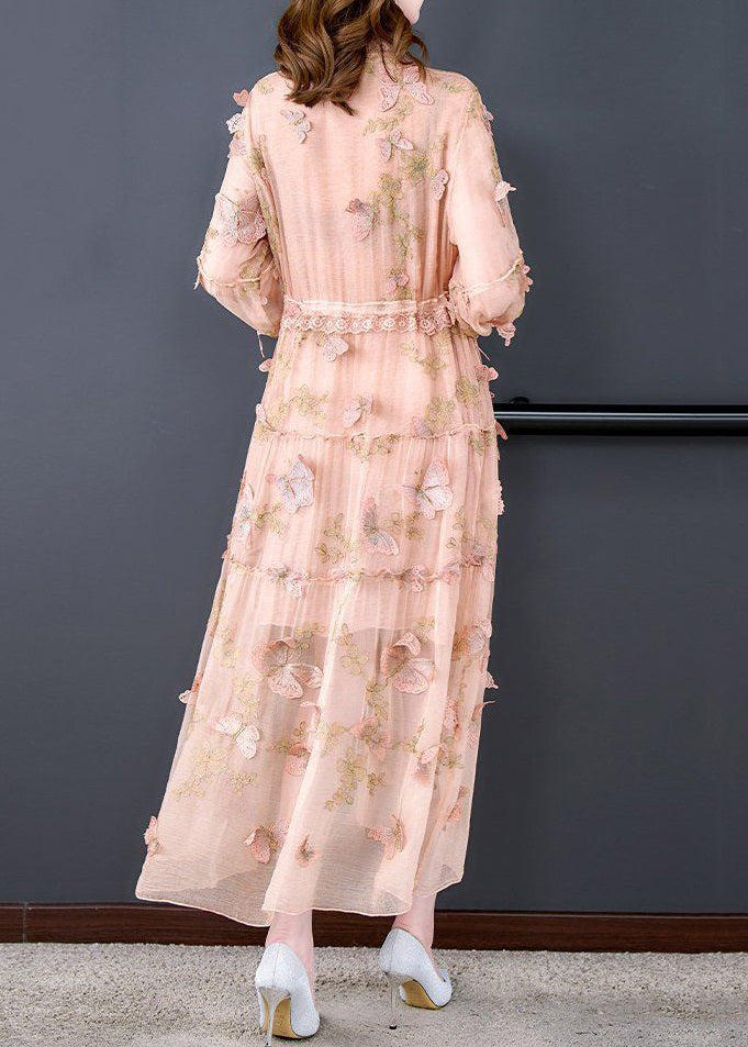 Art Pink Butterfly Lace Up Lace Patchwork Silk Long Dresses Spring