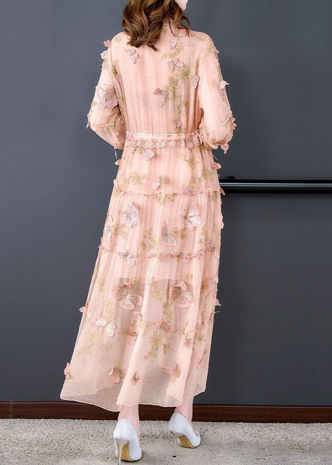 Art Pink Butterfly Lace Up Lace Patchwork Silk Long Dresses