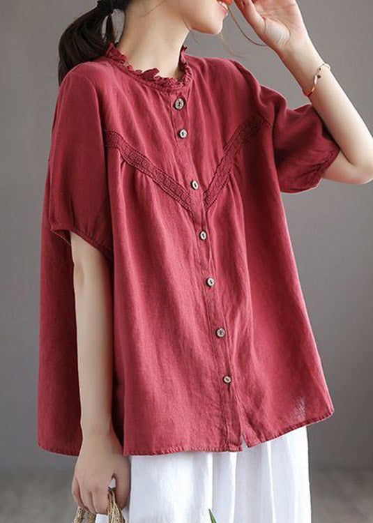 Art Red O-Neck Embroidered Floral Button Linen Shirt Lantern Sleeve