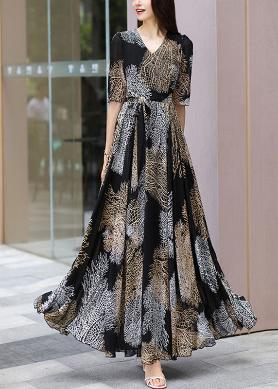 Art Wrinkled High Waist Chiffon Long Dress Short Sleeve – Omychic
