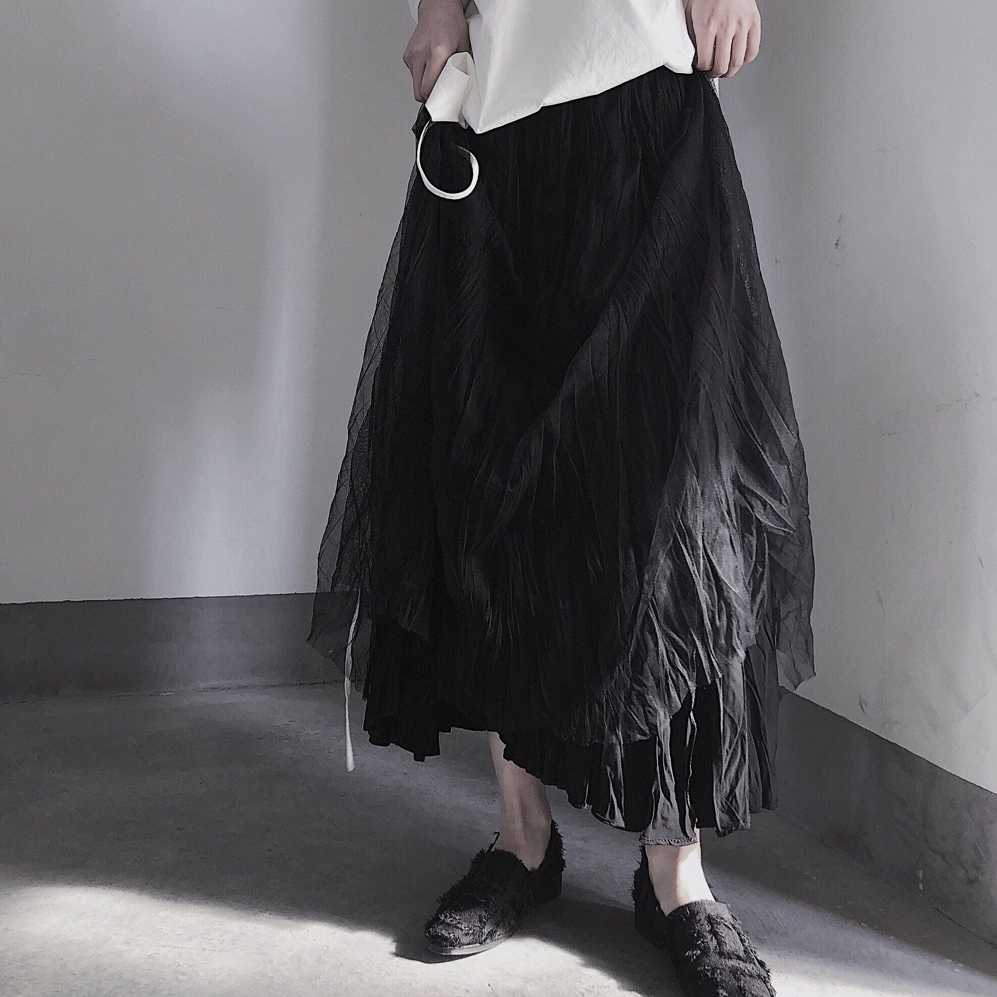 BLACK PLEATED Double Layer Design With Elastic Waist Skirt On Both Sides - Omychic