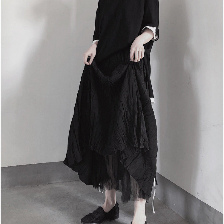 BLACK PLEATED Double Layer Design With Elastic Waist Skirt On Both Sides - Omychic