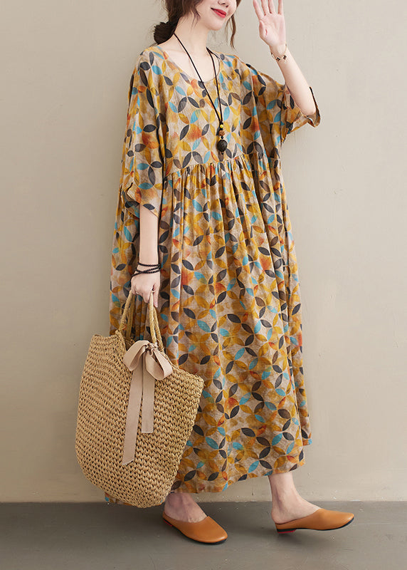 Baggy Yellow O-Neck wrinkled Leaf Print Linen Ankle Dress Half Sleeve –  Omychic