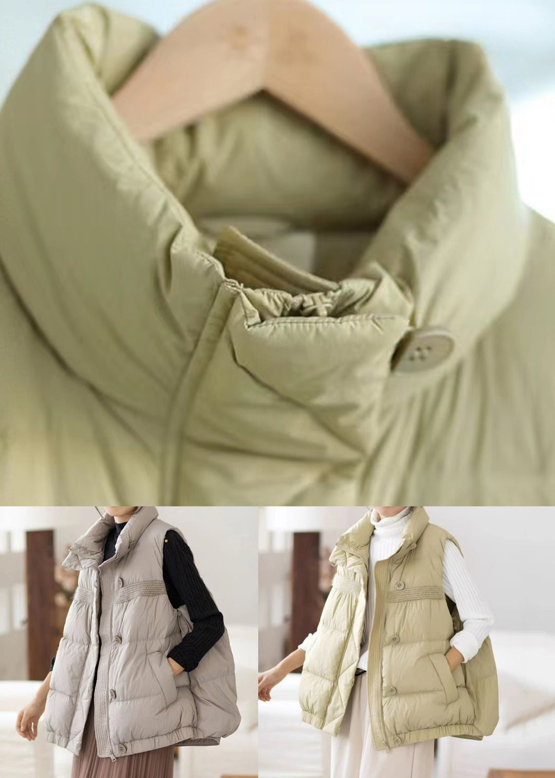Bean Green Button Patchwork Cotton Filled Waistcoat Stand Collar Winter