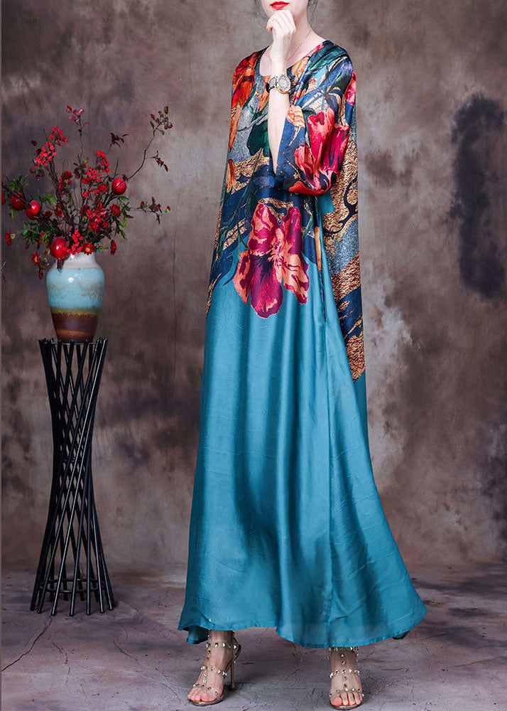 Beautiful Blue O-Neck Print Silk Long Dress Bracelet Sleeve