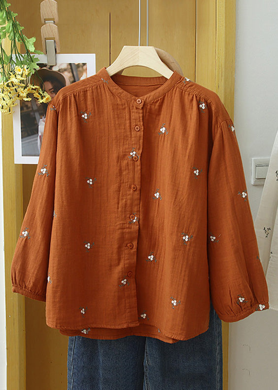 Beautiful Orange Embroidered Button Cotton Blouse Long Sleeve