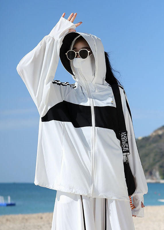 Beautiful White Hooded Zippered Patchwork Ice Silk UPF 50+ Jackets Summer