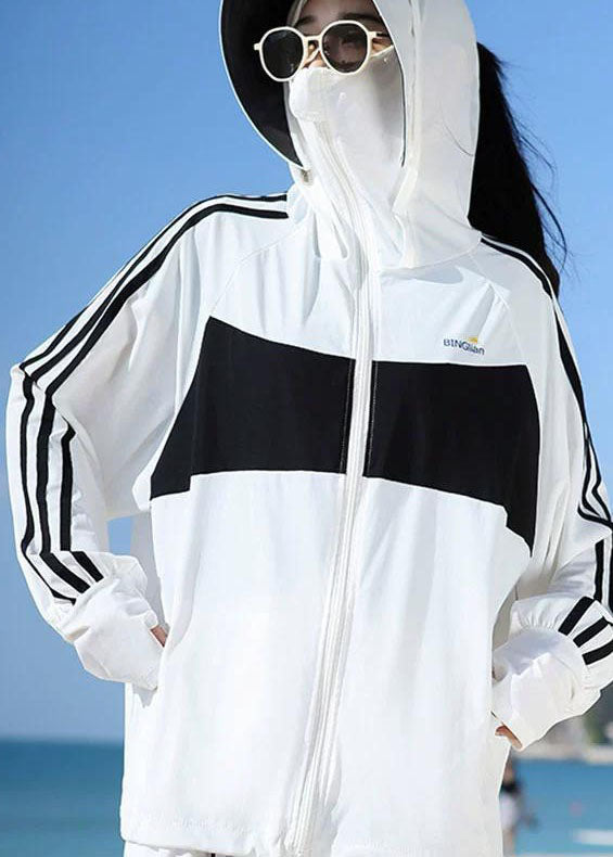 Beautiful White Hooded Zippered Patchwork Ice Silk UPF 50+ Jackets Summer