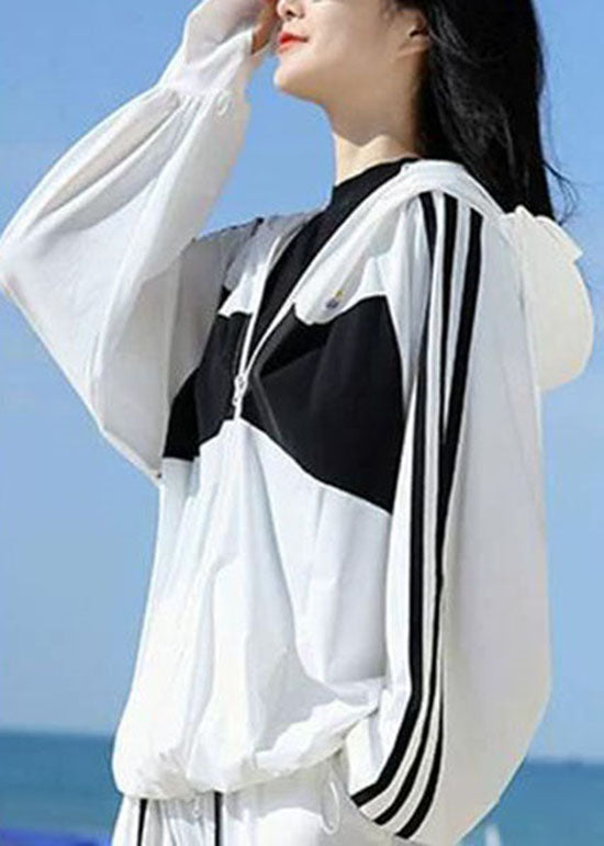 Beautiful White Hooded Zippered Patchwork Ice Silk UPF 50+ Jackets Summer