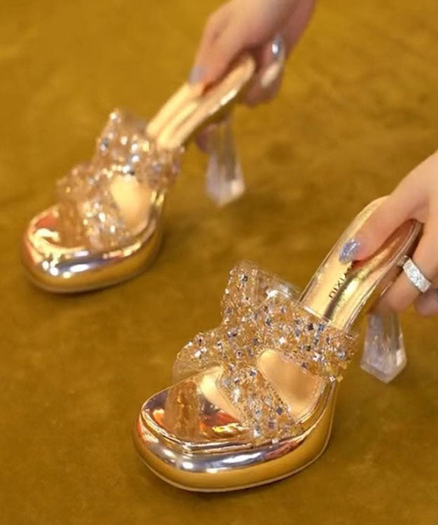 Beige Clear High Heels Slide Sandals Peep Toe Splicing Crystal