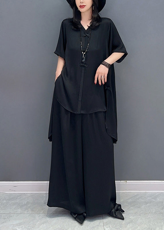 Black Button Solid Shirts And Wide Leg Pants Two Piece Set Half Sleeve