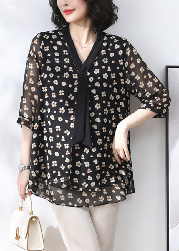 Black Floral Layered Shirt Tops Three Quarter sleeve