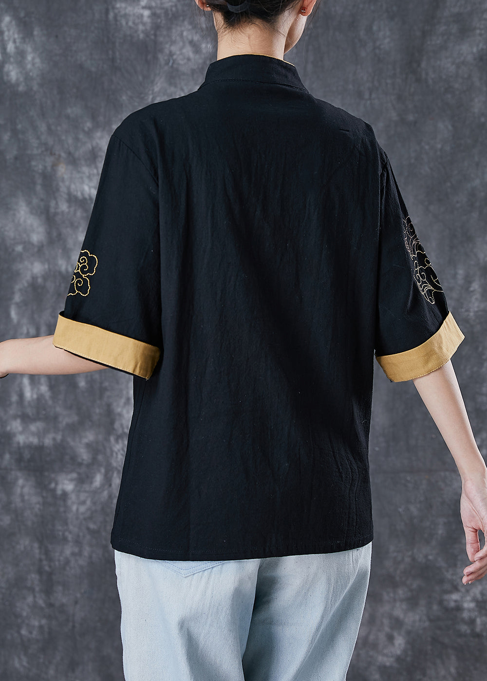 Black Linen Top Embroideried Chinese Button Short Sleeve