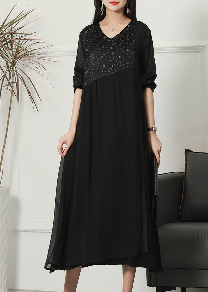 Black Patchwork Print Silk Dresses V Neck Wrinkled Spring