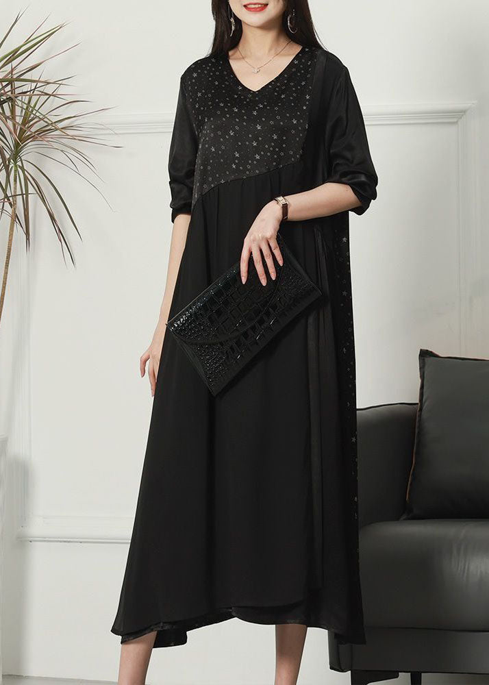 Black Patchwork Print Silk Dresses V Neck Wrinkled Spring