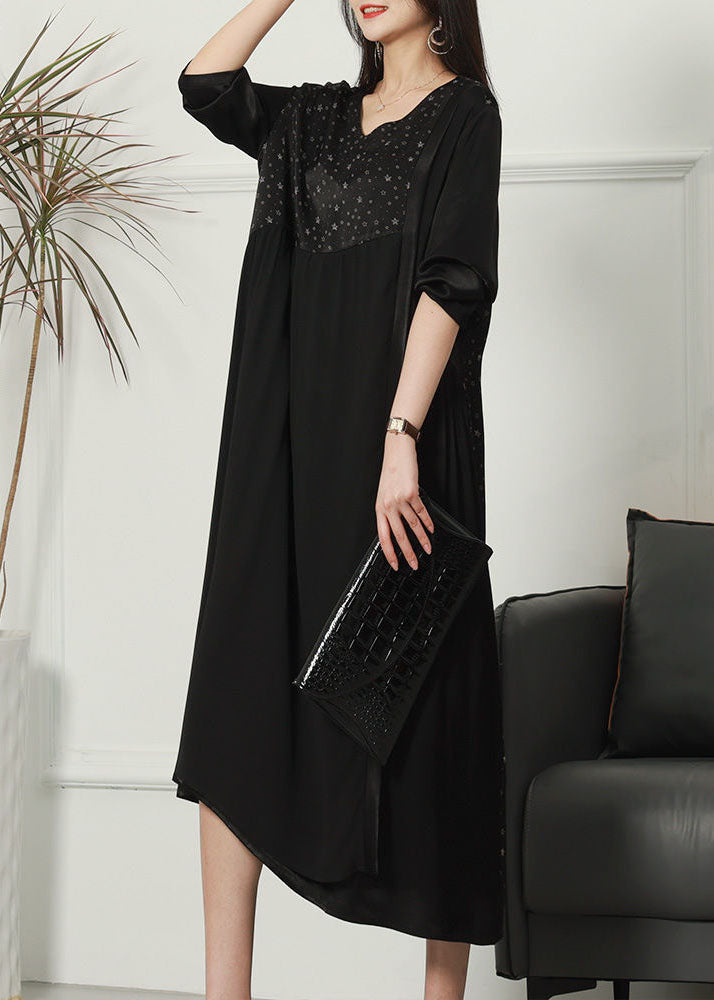 Black Patchwork Print Silk Dresses V Neck Wrinkled Spring