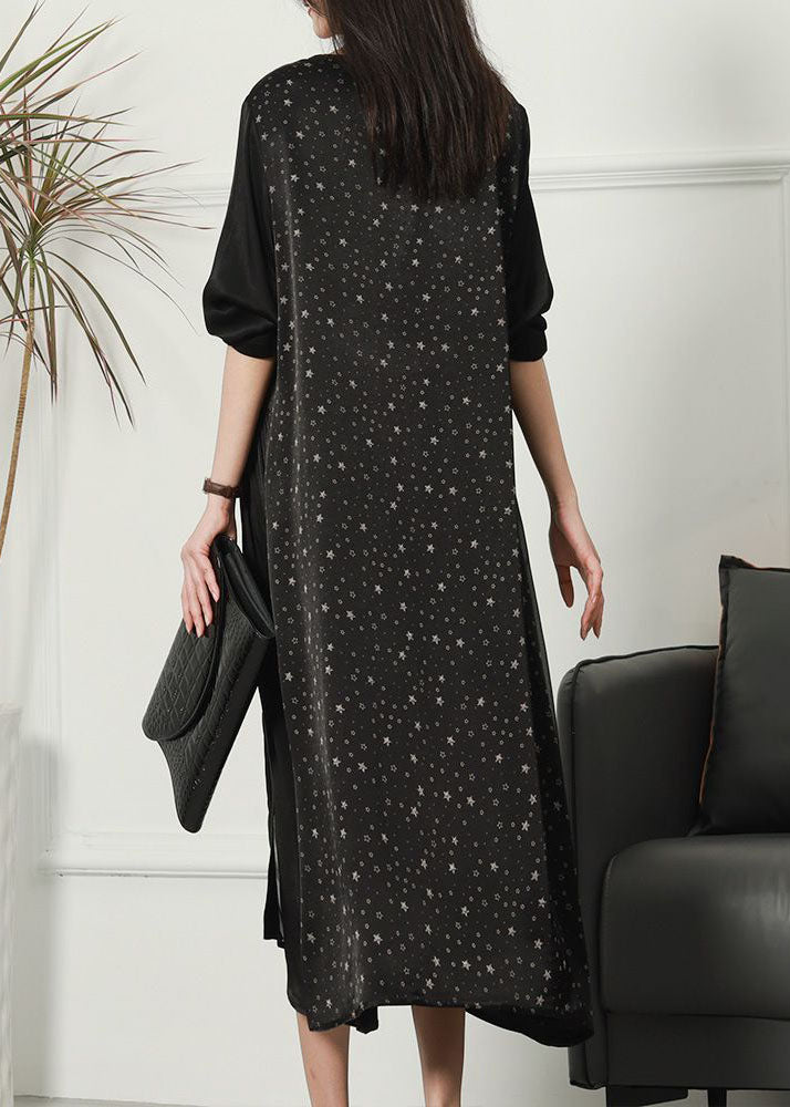 Black Patchwork Print Silk Dresses V Neck Wrinkled Spring