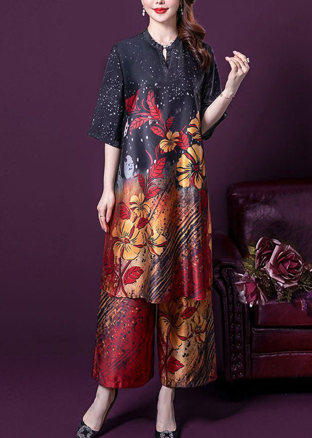 Black Print Patchwork Silk Two Pieces Set Stand Collar Summer