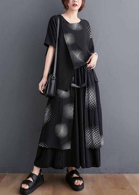 Black Print Short Sleeve Round Neck T-shirt Elastic Waist Skirt Suit Summer ( Limited Stock) - Omychic