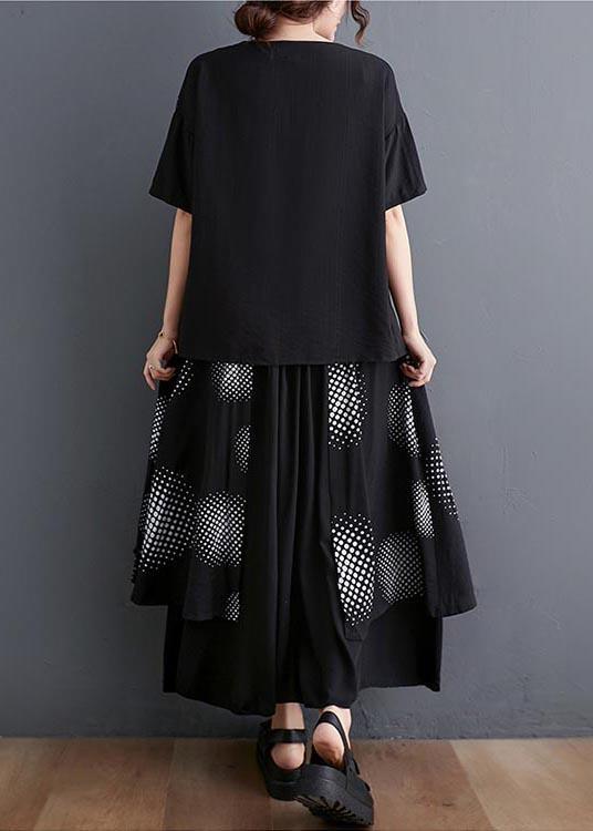 Black Print Short Sleeve Round Neck T-shirt Elastic Waist Skirt Suit Summer ( Limited Stock) - Omychic