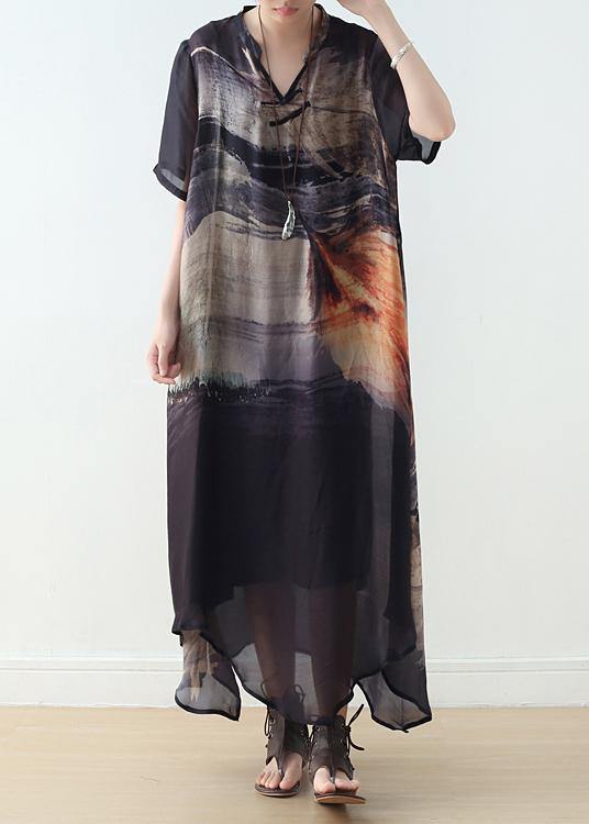 Black Silk Vintage Large Irregular Print Dress - Omychic