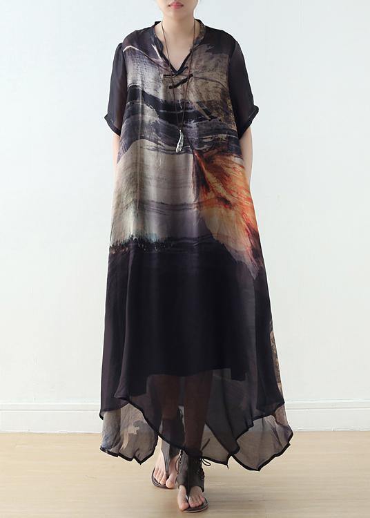 Black Silk Vintage Large Irregular Print Dress - Omychic