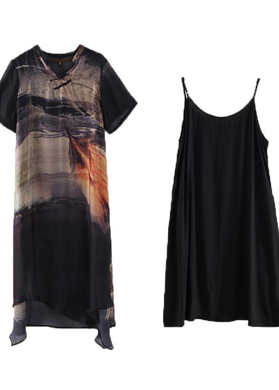 Black Silk Vintage Large Irregular Print Dress - Omychic