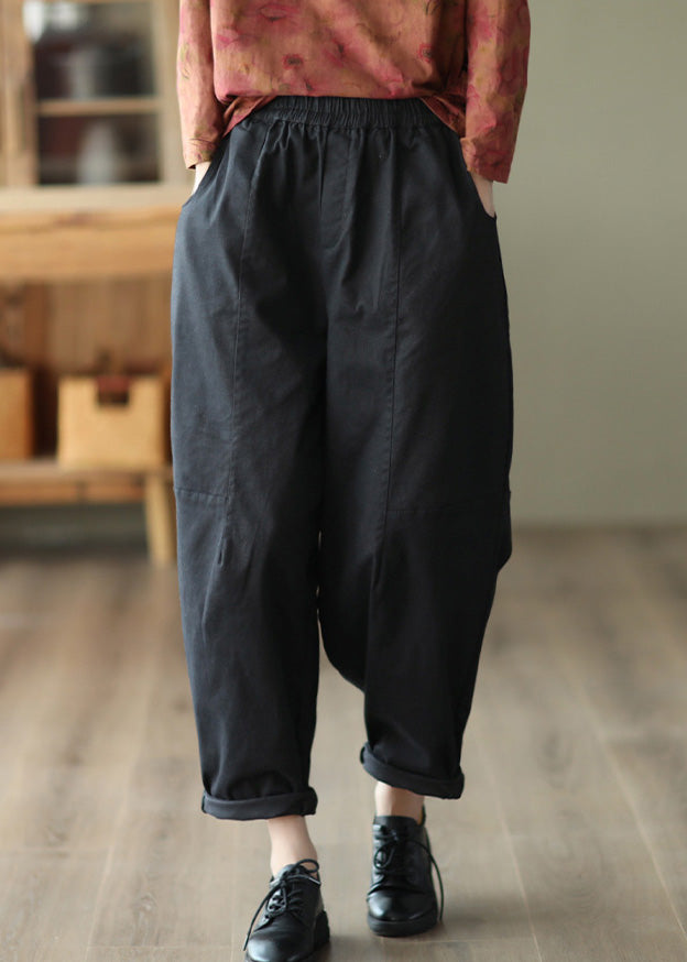 Black Solid Pockets Cotton Crop Pants Elastic Waist