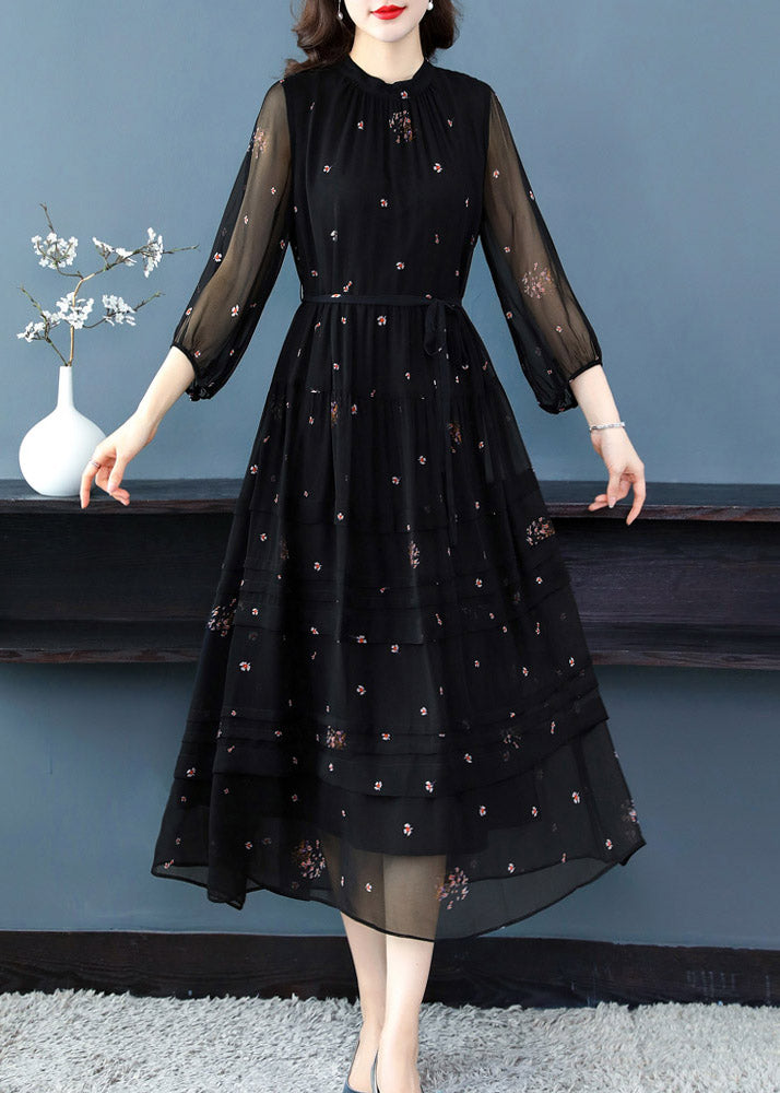 Black Tie Waist Silk Long Dresses Long Sleeve