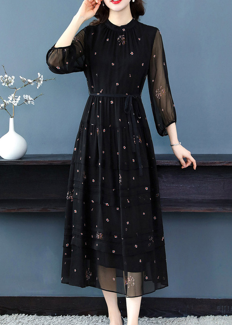 Black Tie Waist Silk Long Dresses Long Sleeve