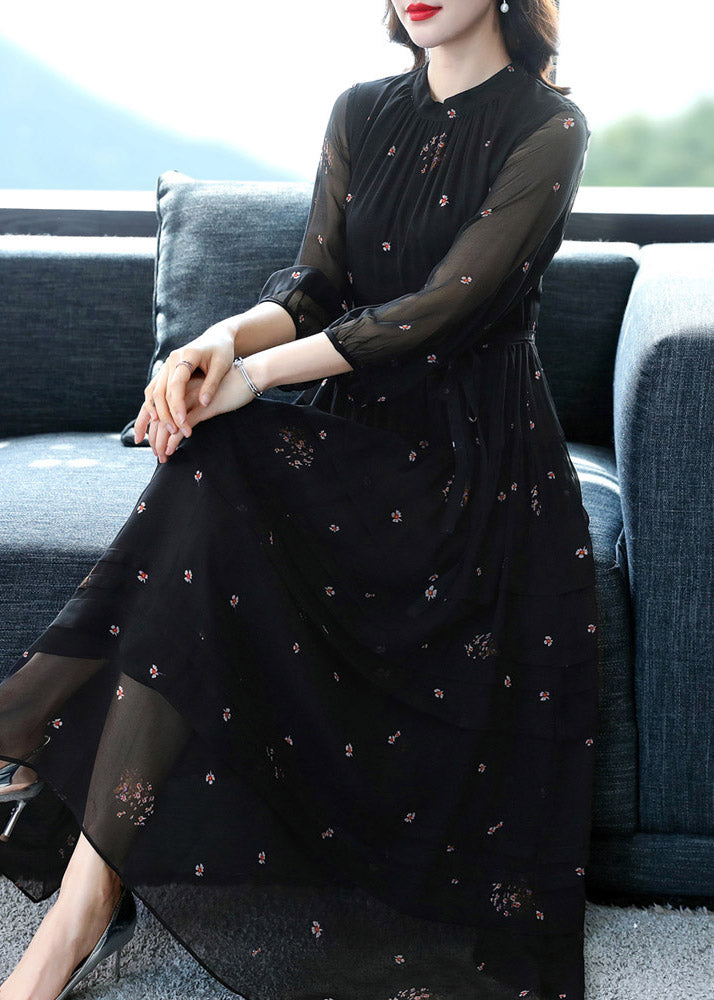 Black Tie Waist Silk Long Dresses Long Sleeve