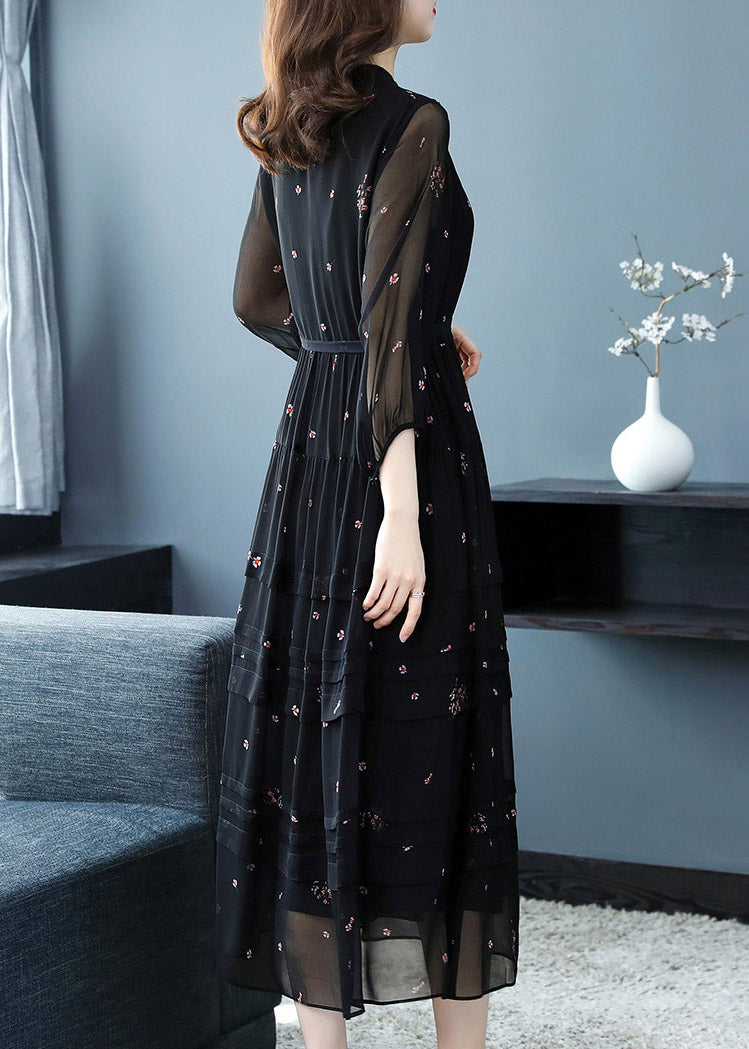 Black Tie Waist Silk Long Dresses Long Sleeve