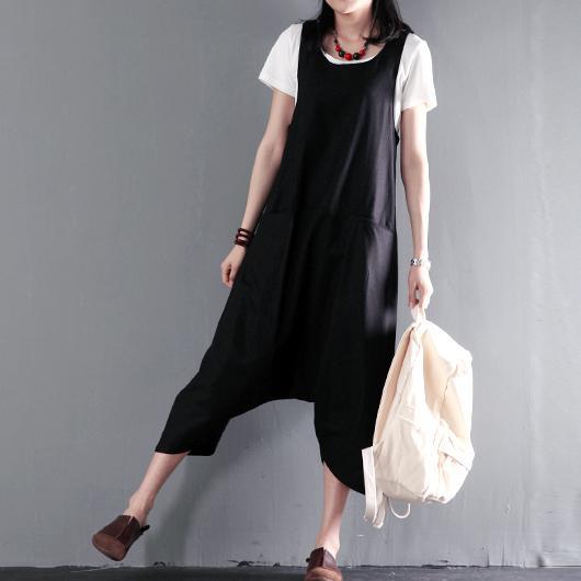 Black linen jumpsuits strap pants plus size retro style - Omychic