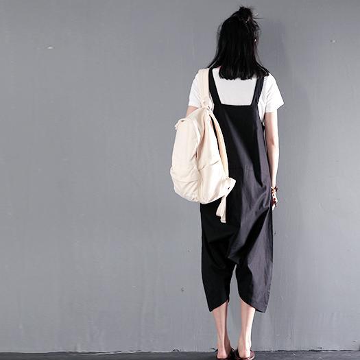 Black linen jumpsuits strap pants plus size retro style - Omychic