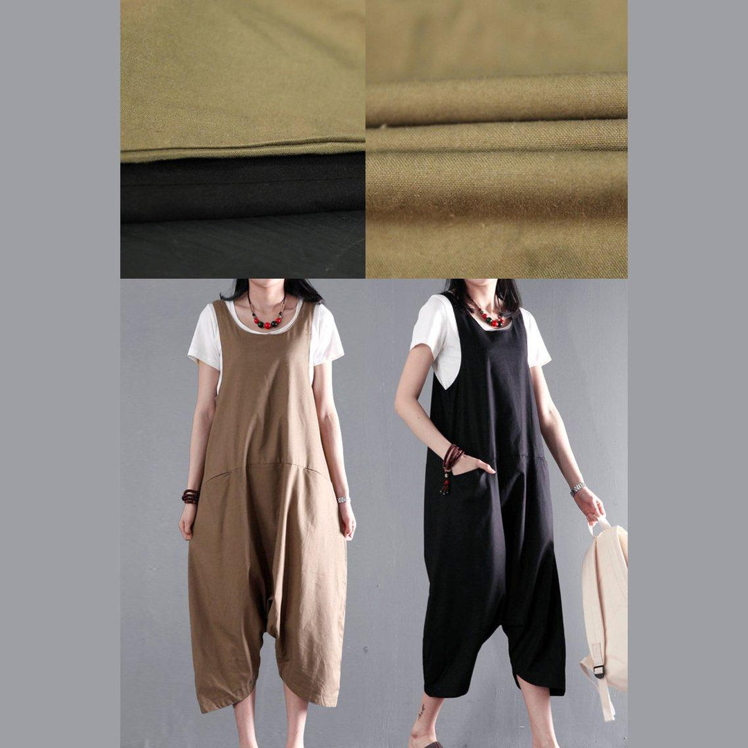 Black linen jumpsuits strap pants plus size retro style - Omychic