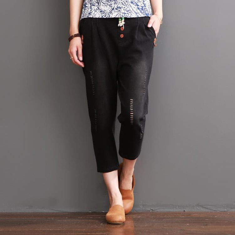 Black ripped pants for summer women crop trousers - Omychic