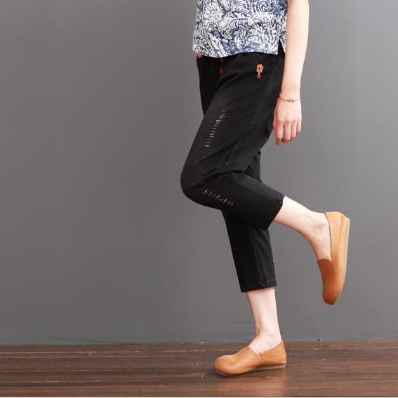Black ripped pants for summer women crop trousers - Omychic
