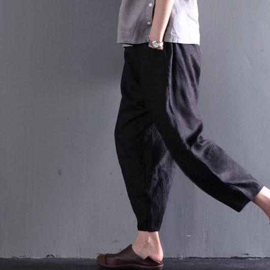 Black simple style linen summer pants causal style - Omychic
