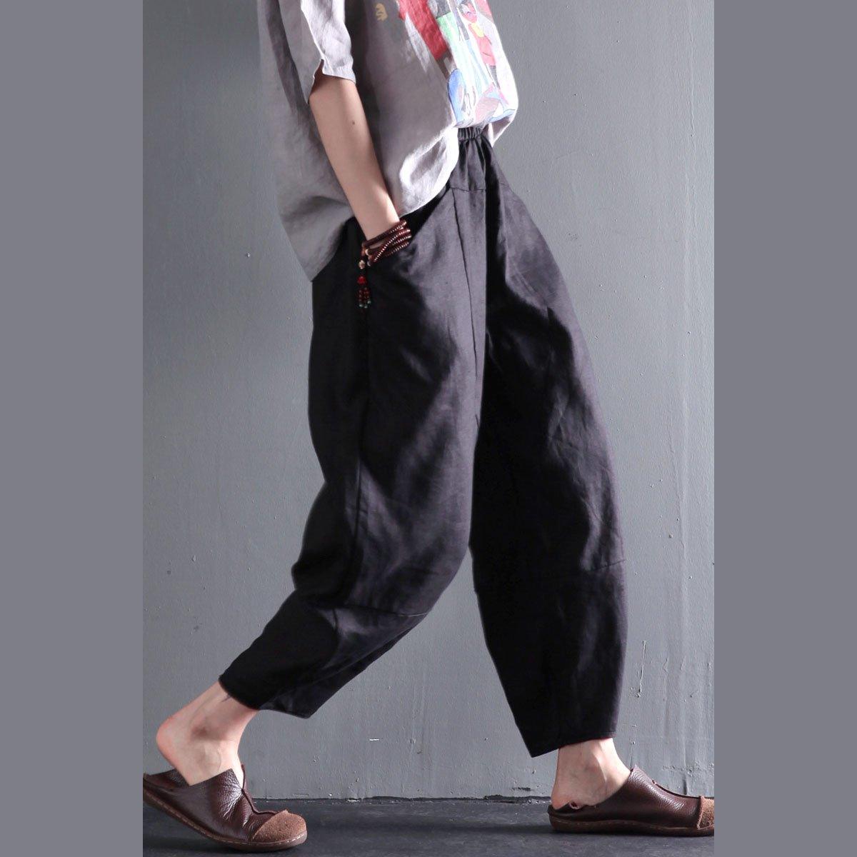 Black simple style linen summer pants causal style - Omychic