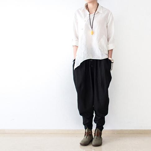 Black stylish linen pants oversized cotton pants New - Omychic
