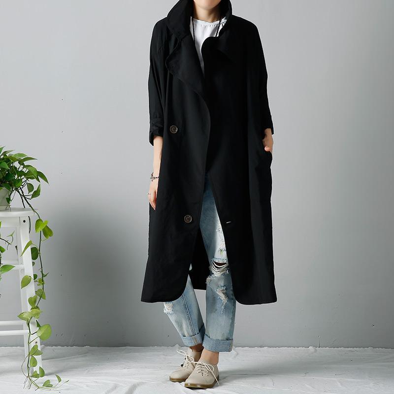 Black wind-breaker oversized dust coats trench - Omychic