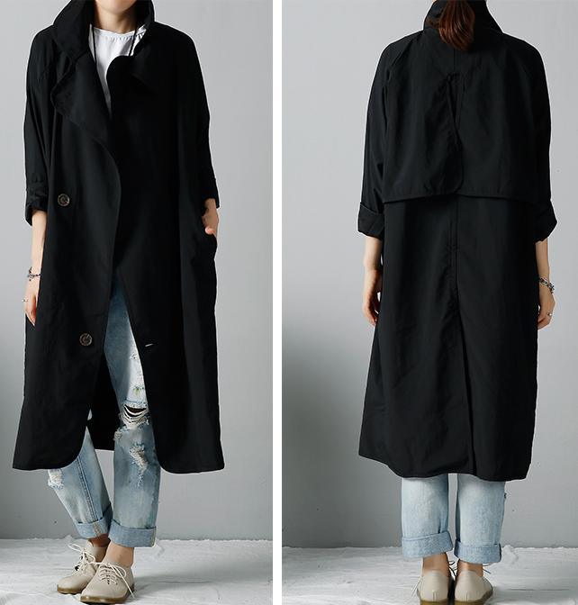Black wind-breaker oversized dust coats trench - Omychic