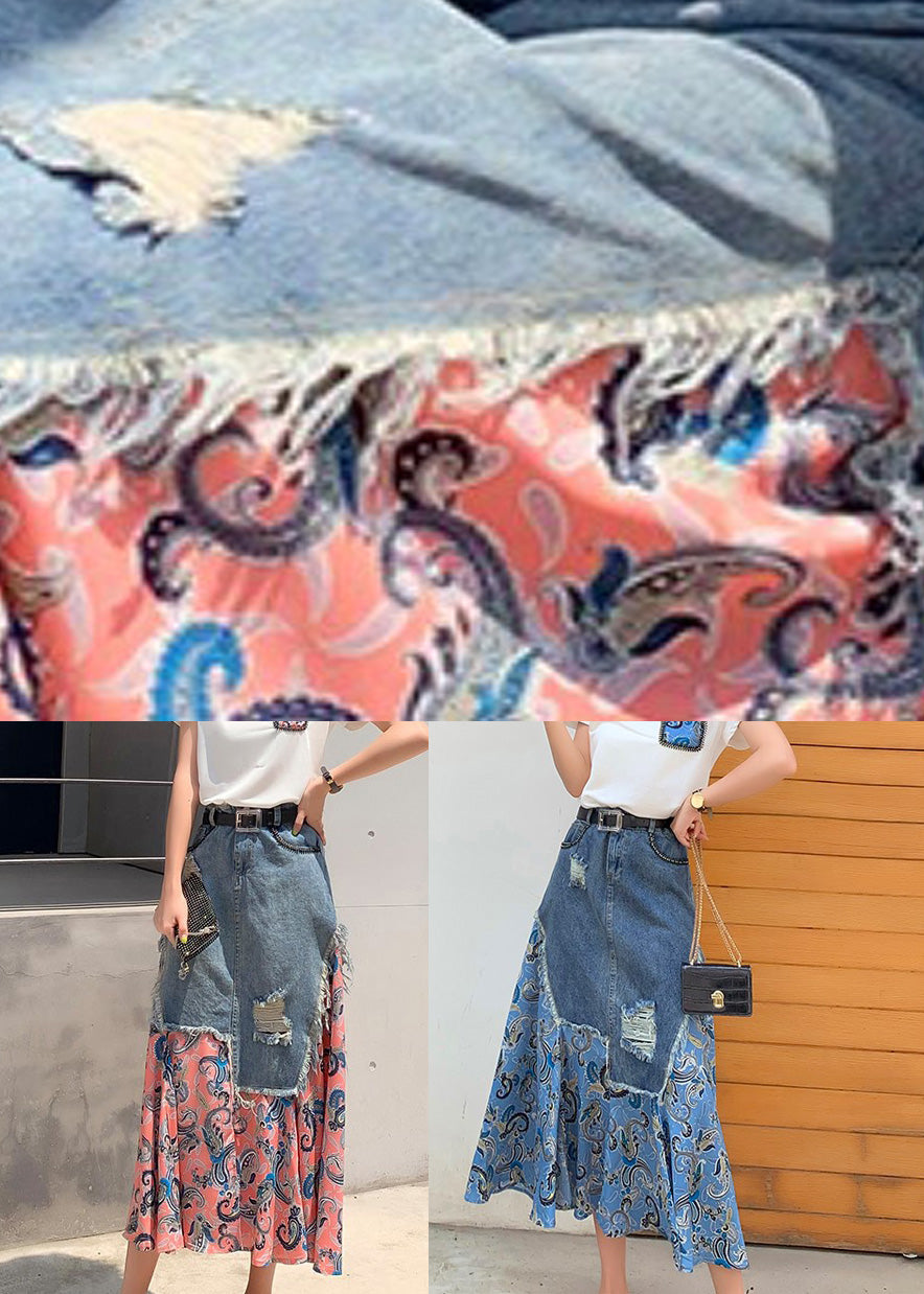 Blue Denim Patchwork High Waist Button Maxi Skirt