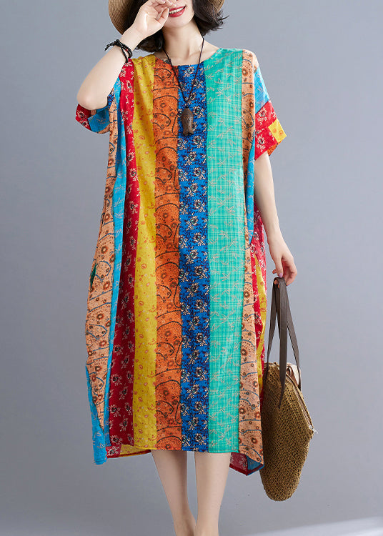 Blue Green Striped Patchwork Long Dress Short Sleeve (Limited Stock)